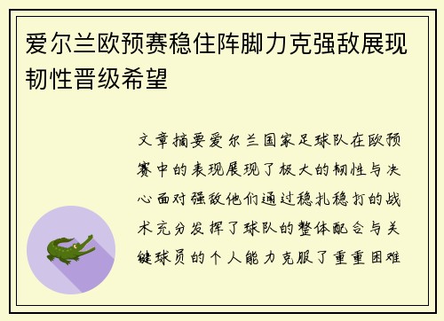 爱尔兰欧预赛稳住阵脚力克强敌展现韧性晋级希望
