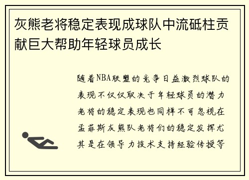 灰熊老将稳定表现成球队中流砥柱贡献巨大帮助年轻球员成长