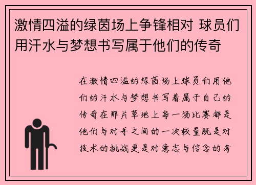 激情四溢的绿茵场上争锋相对 球员们用汗水与梦想书写属于他们的传奇